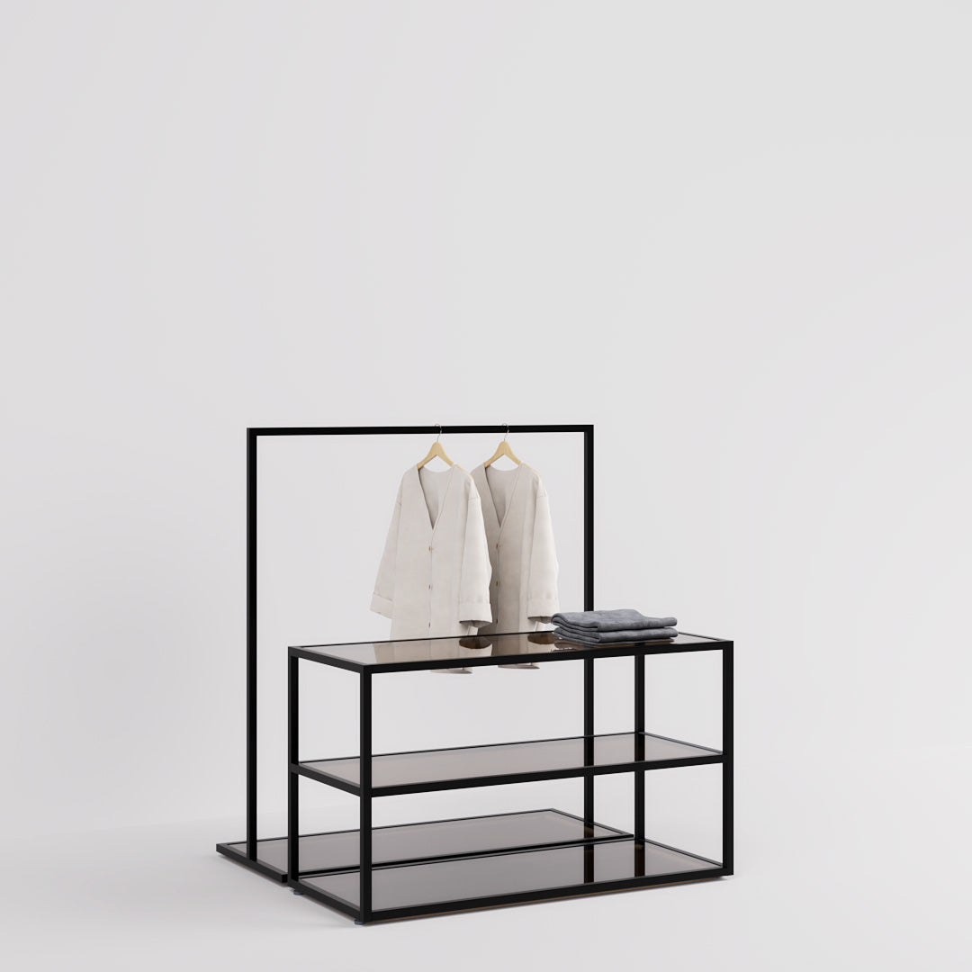 Display Table & Clothing Rail Como, black with glass shelves