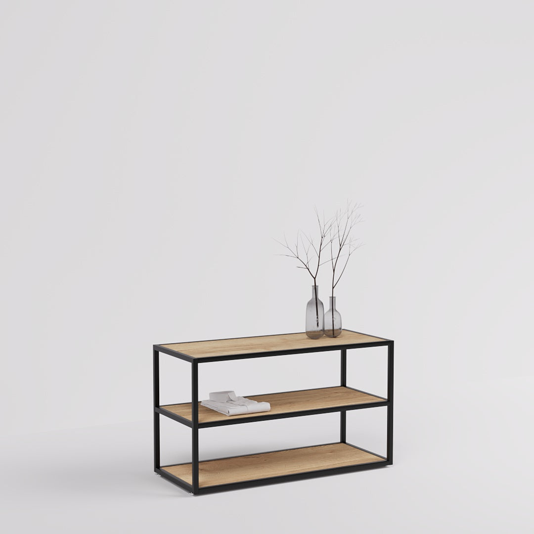 Display Table Como with wooden shelves, black — photo 1