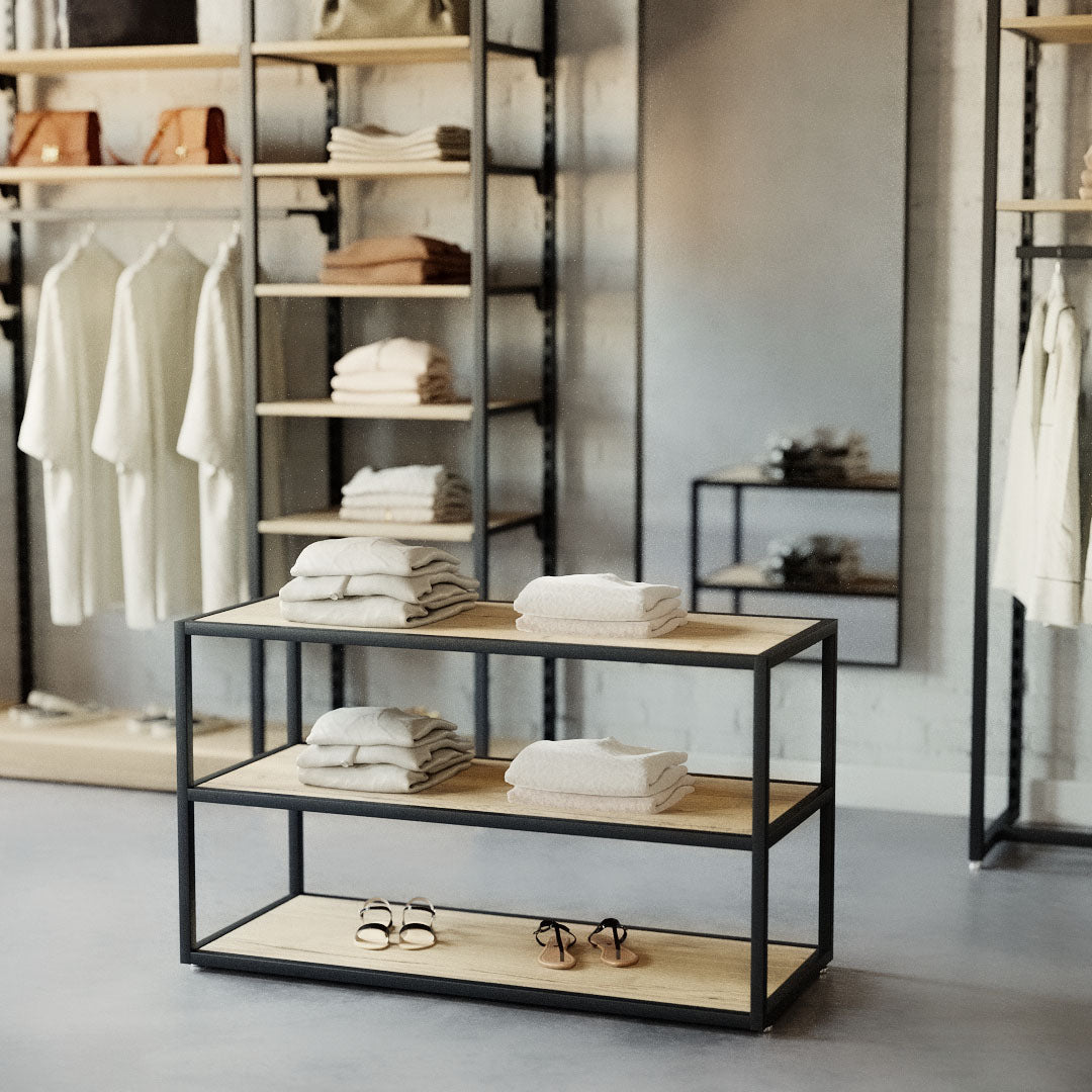 Display Table Como with wooden shelves, black — photo 3